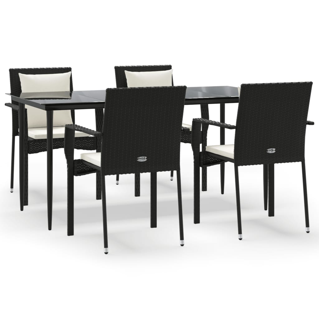 5 Piece Garden Dining Set with Cushions Black Poly Rattan