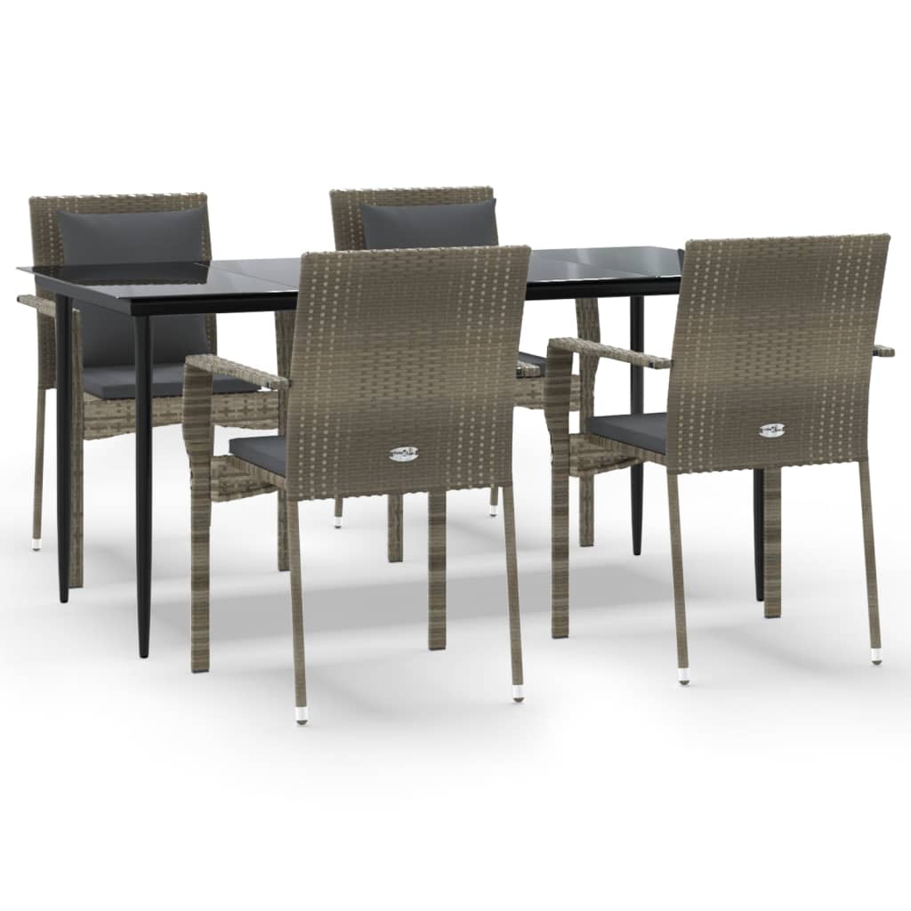 5 Piece Garden Dining Set with Cushions Black and Grey Poly Rattan