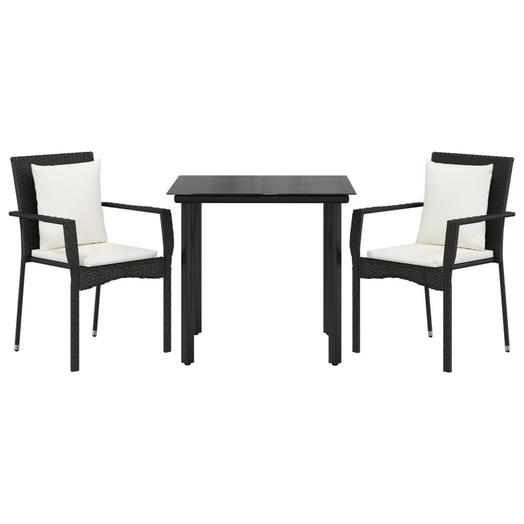 3 Piece Garden Dining Set with Cushions Black Poly Rattan