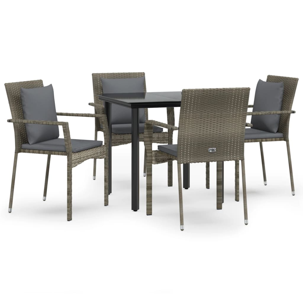 5 Piece Garden Dining Set with Cushions Black&Grey Poly Rattan