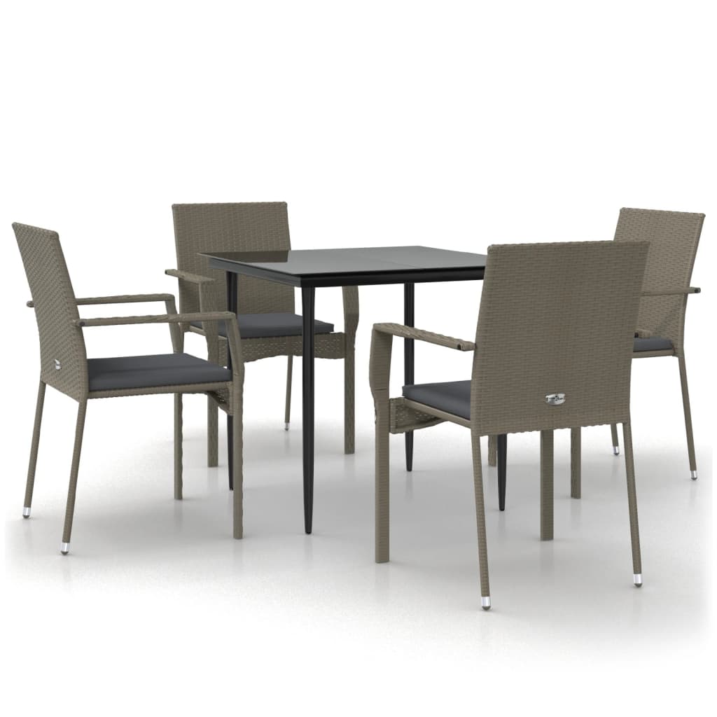 5 Piece Garden Dining Set with Cushions Black&Grey Poly Rattan