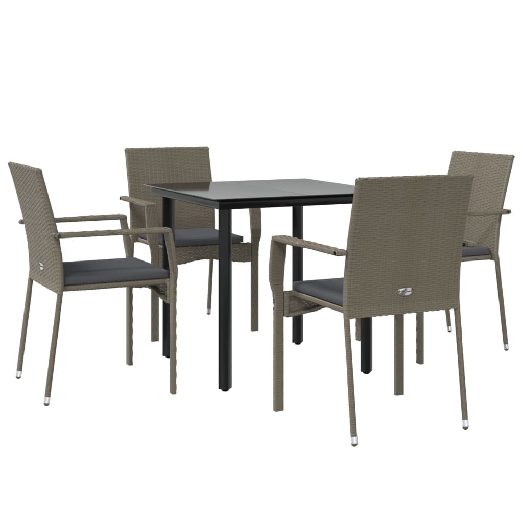 5 Piece Garden Dining Set with Cushions Black&Grey Poly Rattan