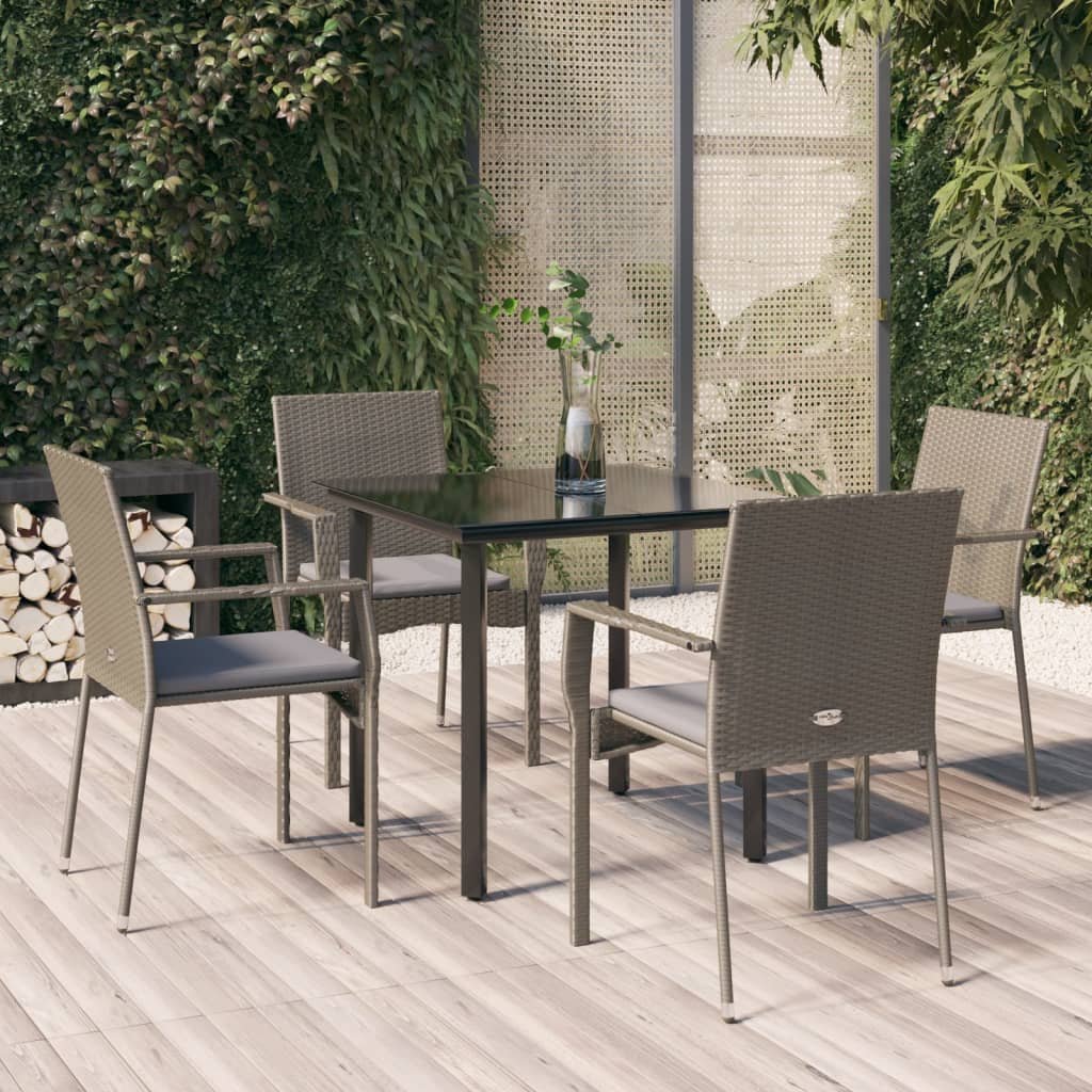 5 Piece Garden Dining Set with Cushions Black&Grey Poly Rattan
