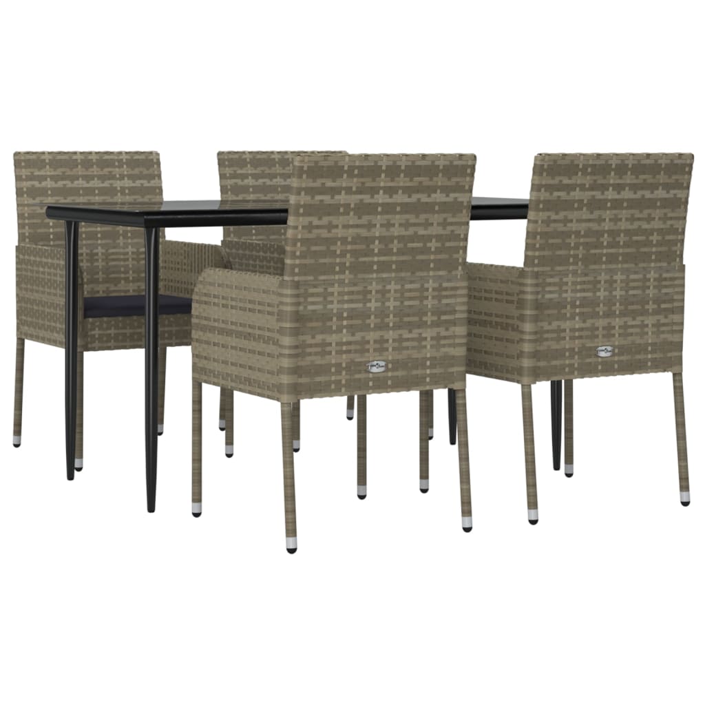 5 Piece Garden Dining Set with Cushions Black and Grey Poly Rattan