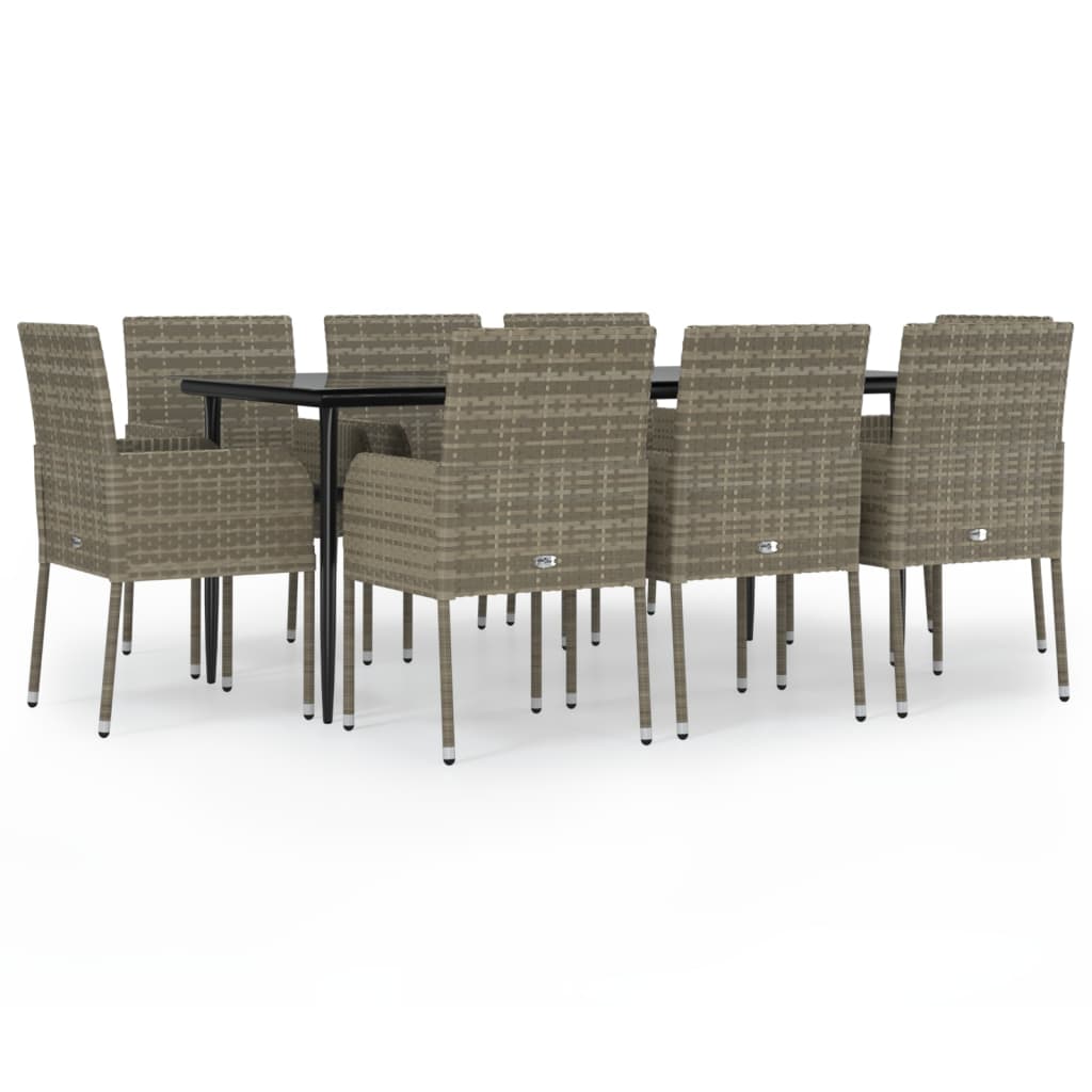 9 Piece Garden Dining Set with Cushions Black and Grey Poly Rattan