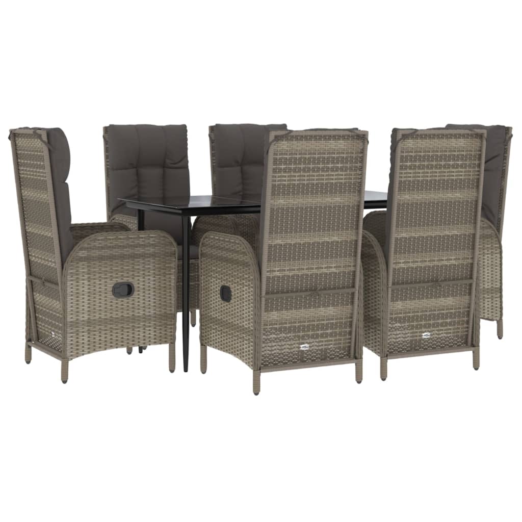 7 Piece Garden Dining Set with Cushions Black and Grey Poly Rattan