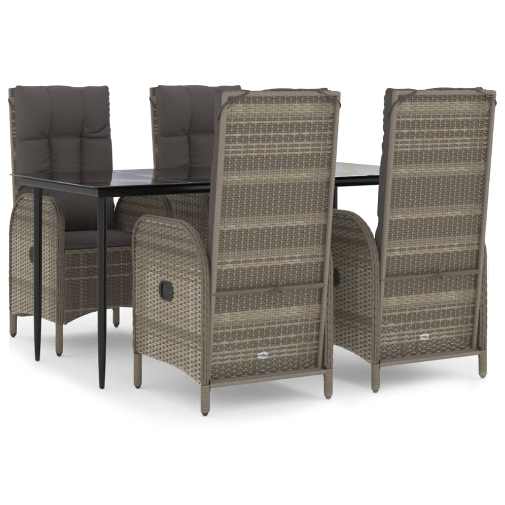5 Piece Garden Dining Set with Cushions Black and Grey Poly Rattan
