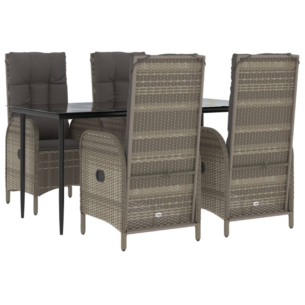 5 Piece Garden Dining Set with Cushions Black and Grey Poly Rattan