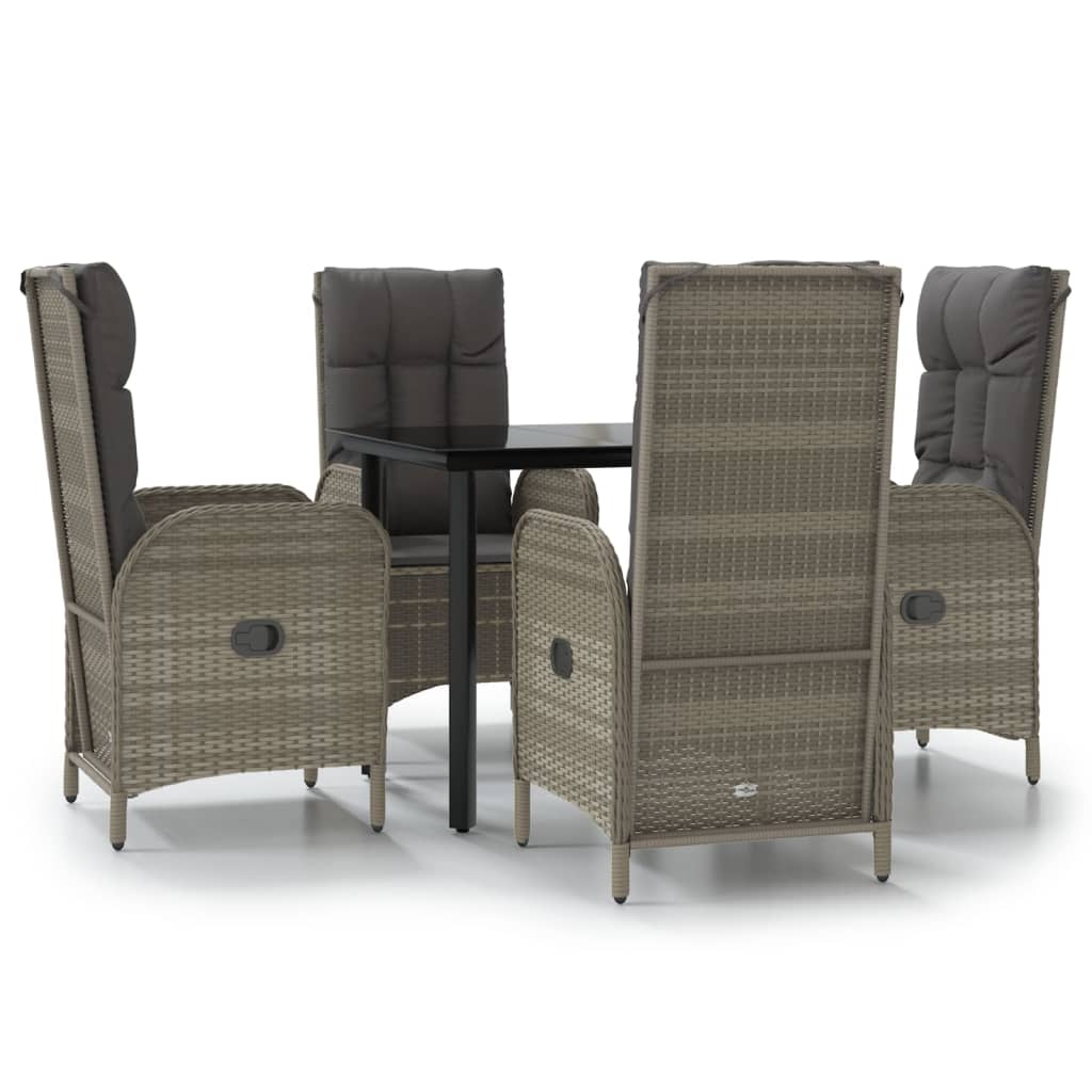 5 Piece Garden Dining Set with Cushions Black and Grey Poly Rattan