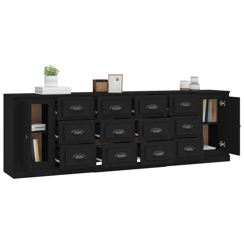 Sideboards 3 pcs Black Engineered Wood