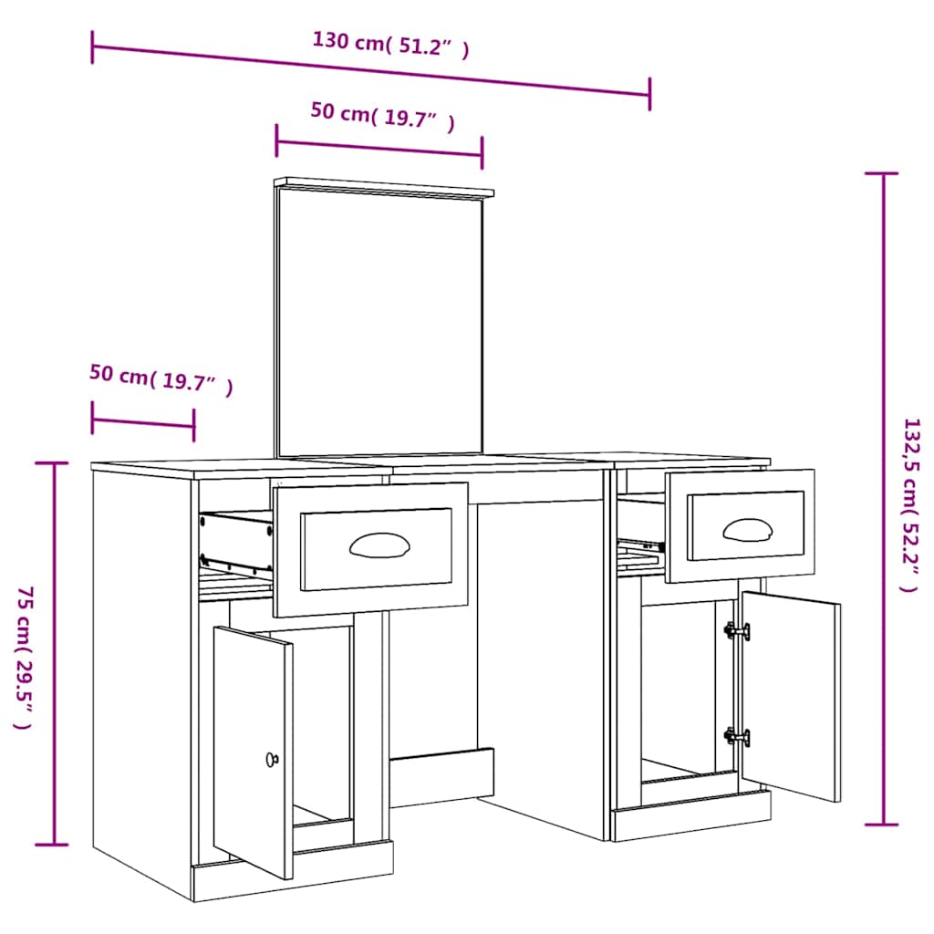 Dressing Table with Mirror Brown Oak 130x50x132.5 cm