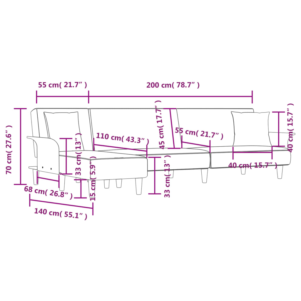 L-shaped Sofa Bed Black 279x140x70 cm Fabric