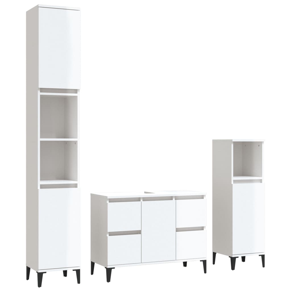 3 Piece Bathroom Furniture Set High Gloss White Engineered Wood
