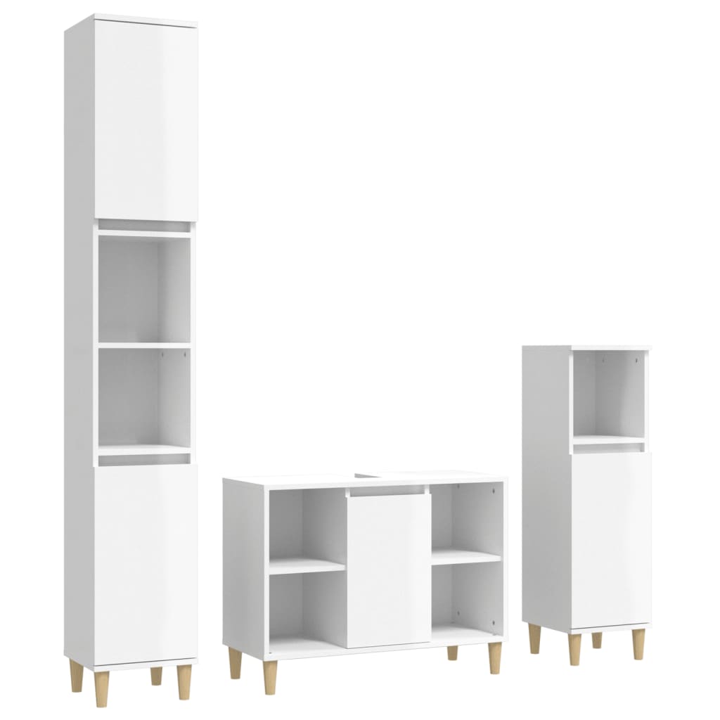 3 Piece Bathroom Furniture Set High Gloss White Engineered Wood