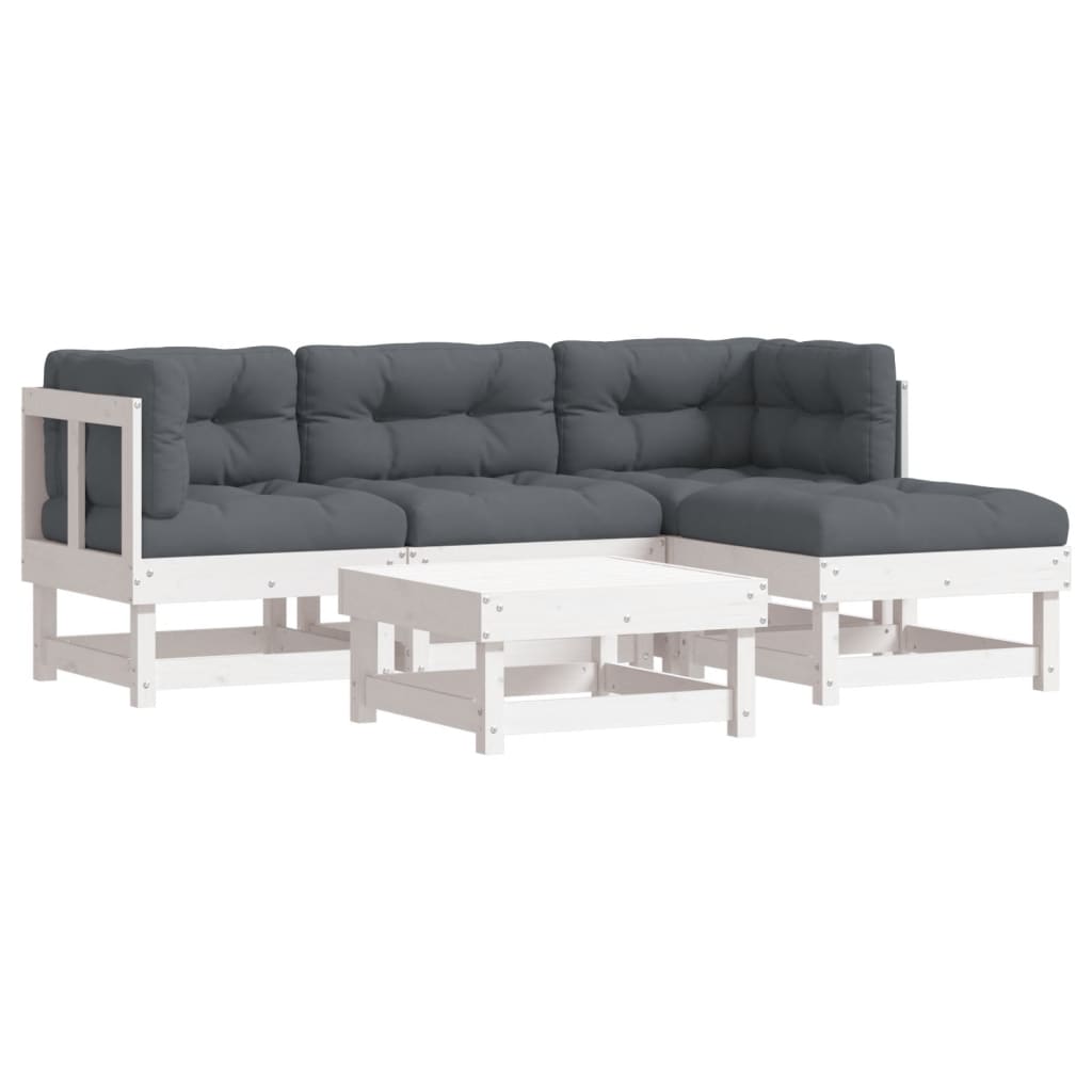 5 Piece Garden Lounge Set with Cushions White Solid Wood