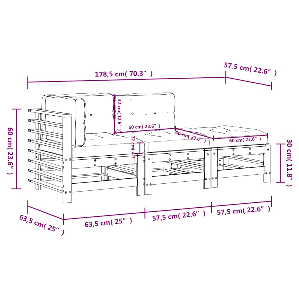 3 Piece Garden Lounge Set with Cushions Black Solid Wood