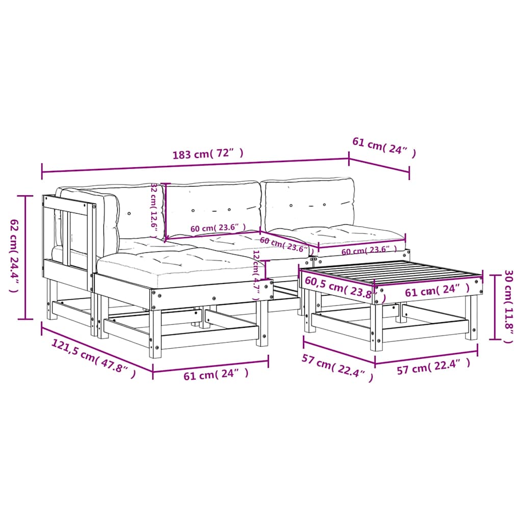 5 Piece Garden Lounge Set with Cushions White Solid Wood