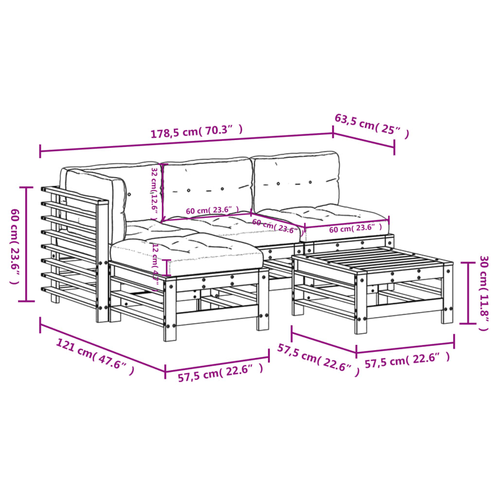 5 Piece Garden Lounge Set with Cushions White Solid Wood