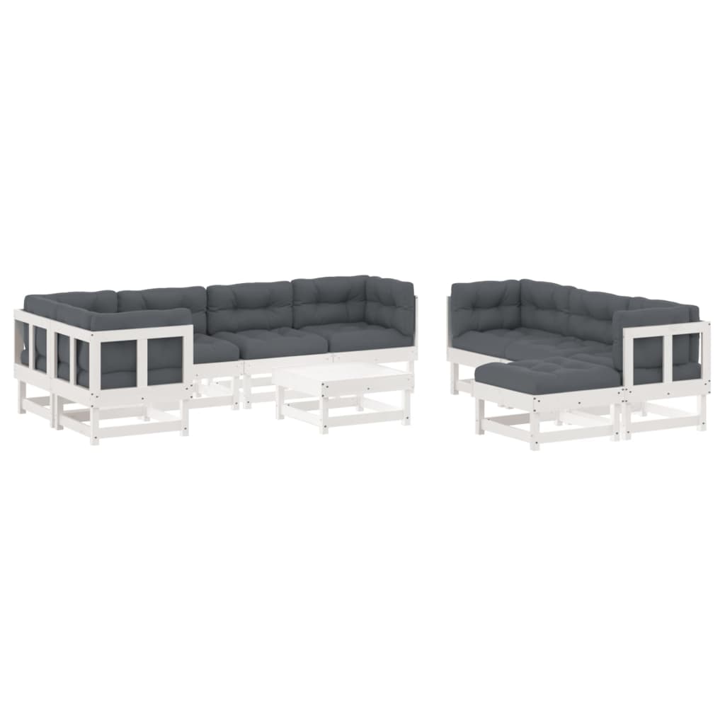 10 Piece Garden Lounge Set with Cushions White Solid Wood