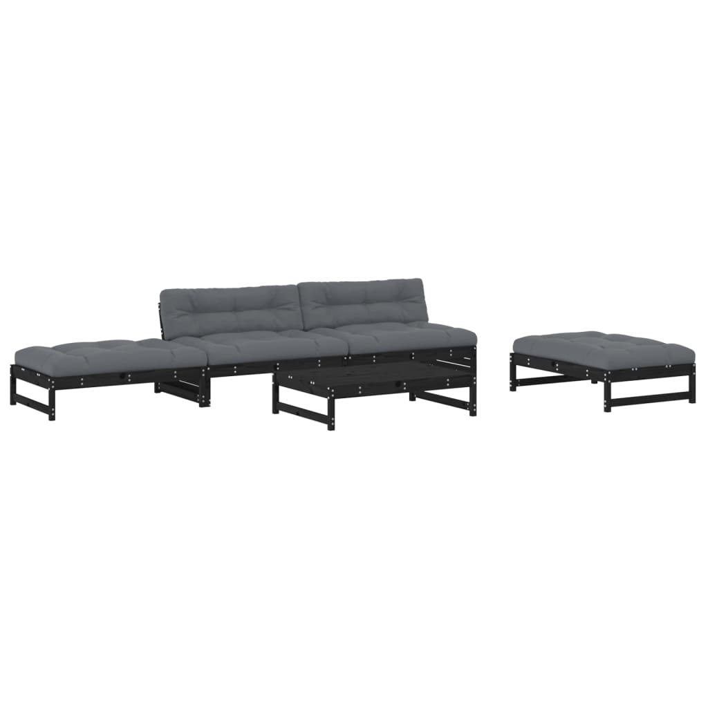 5 Piece Garden Lounge Set with Cushions Black Solid Wood