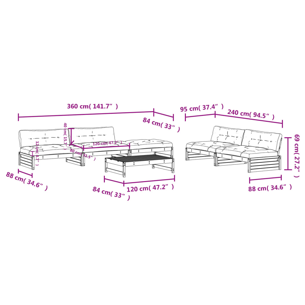 6 Piece Garden Lounge Set with Cushions Impregnated Wood Pine