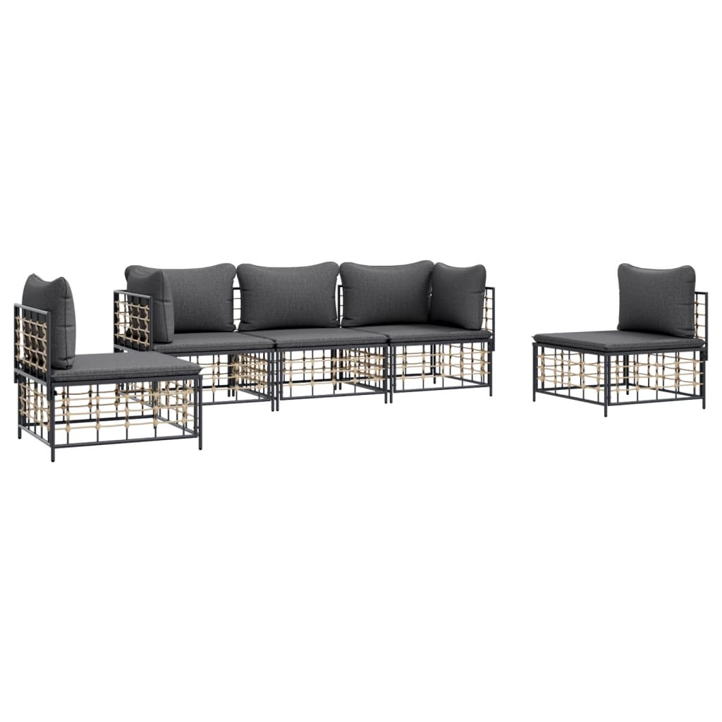 5 Piece Garden Lounge Set with Cushions Anthracite Poly Rattan