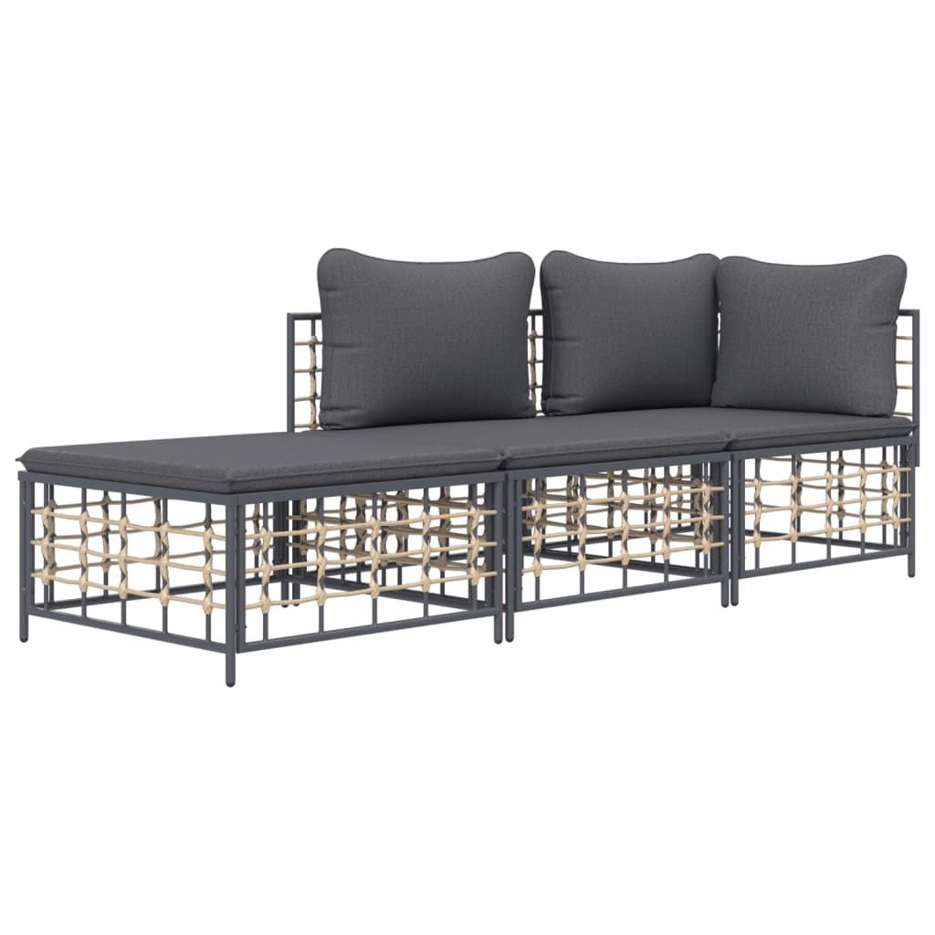 3 Piece Garden Lounge Set with Cushions Anthracite Poly Rattan