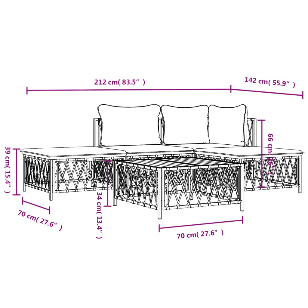 5 Piece Garden Lounge Set with Cushions White Steel
