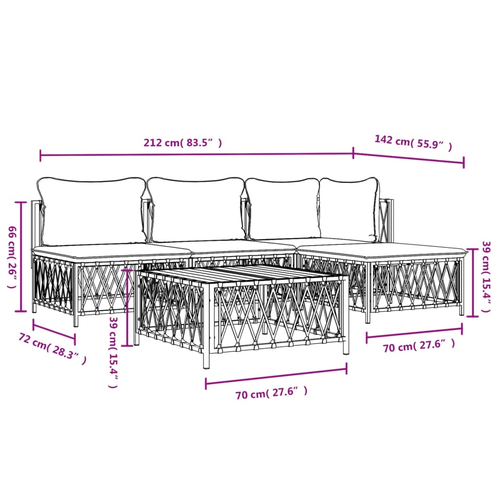5 Piece Garden Lounge Set with Cushions White Steel