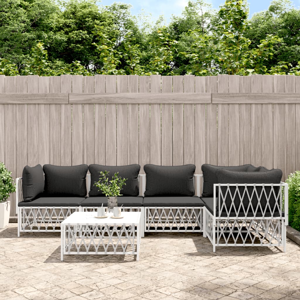 6 Piece Garden Lounge Set with Cushions White Steel
