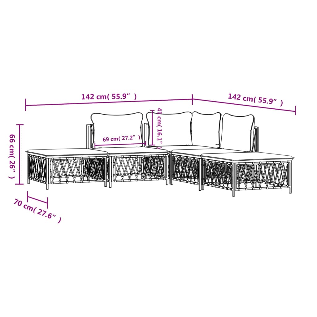 5 Piece Garden Lounge Set with Cushions White Steel