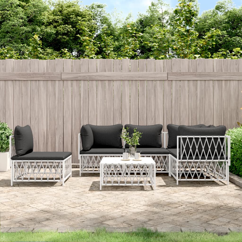 6 Piece Garden Lounge Set with Cushions White Steel