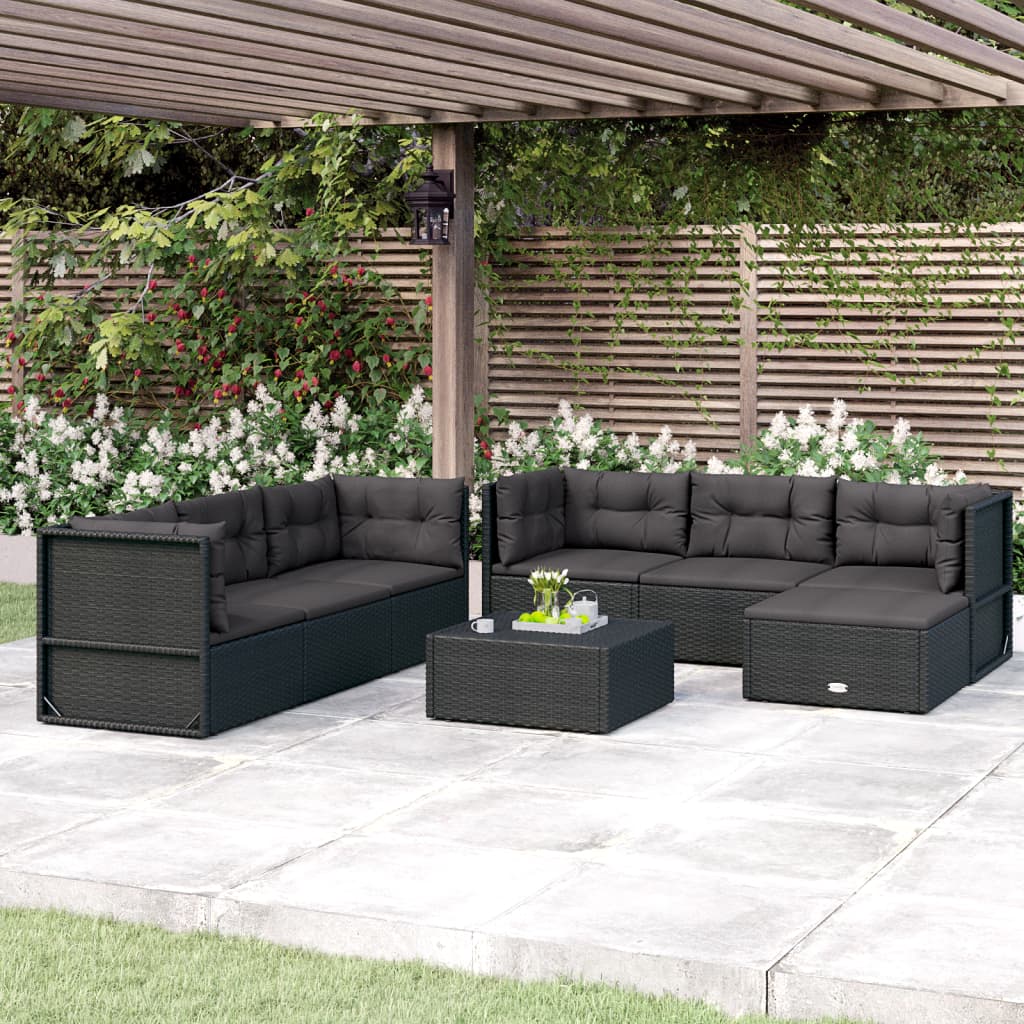 7 Piece Garden Lounge Set with Cushions Black Poly Rattan