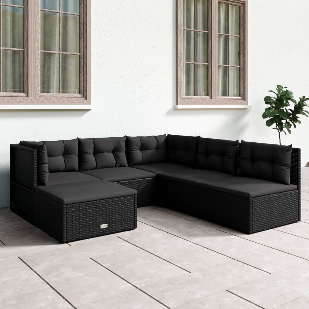 6 Piece Garden Lounge Set with Cushions Black Poly Rattan