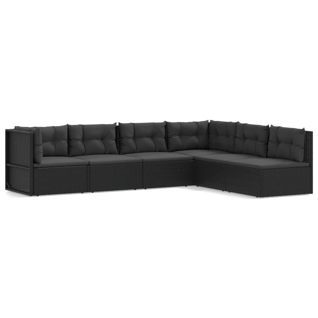 6 Piece Garden Lounge Set with Cushions Black Poly Rattan