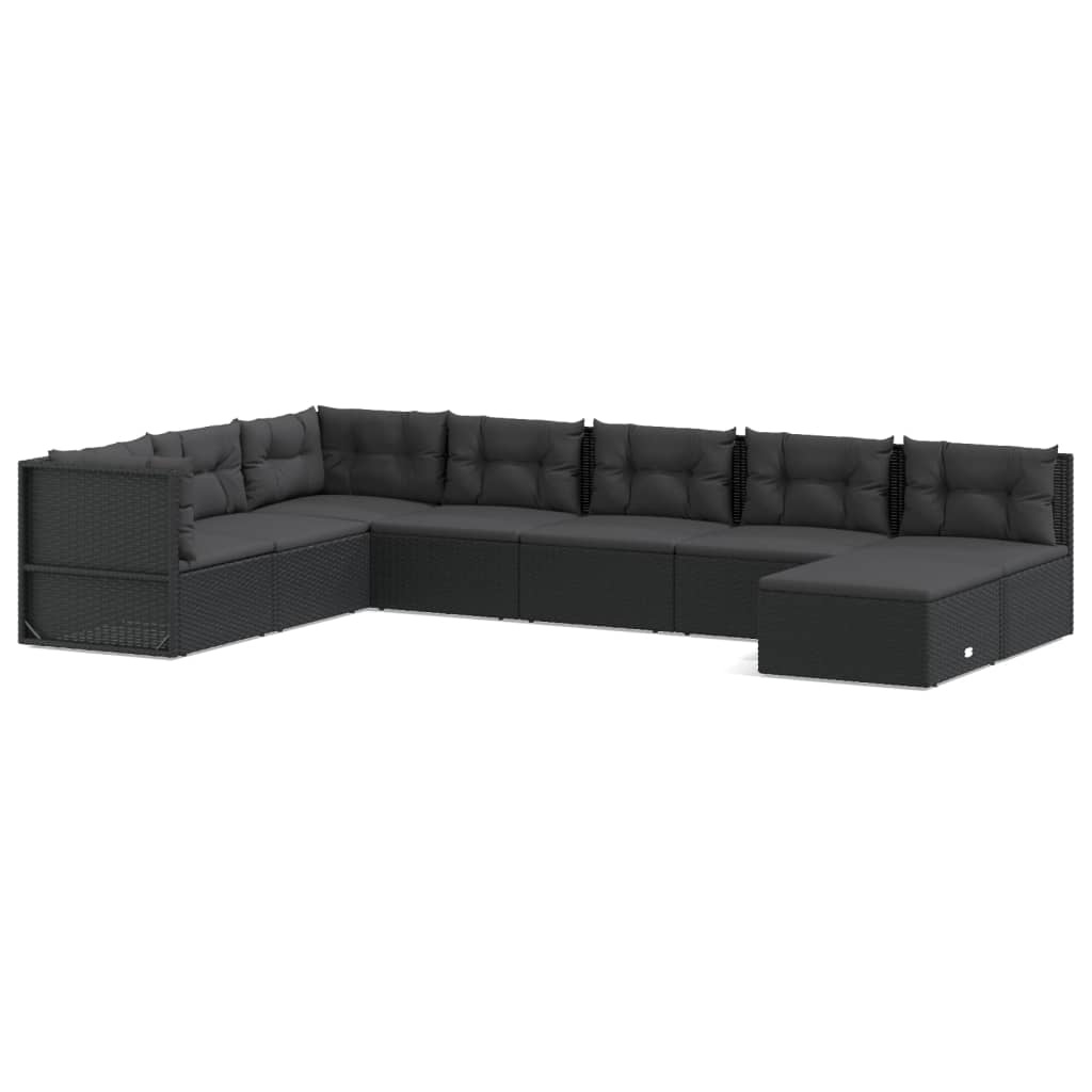 8 Piece Garden Lounge Set with Cushions Black Poly Rattan
