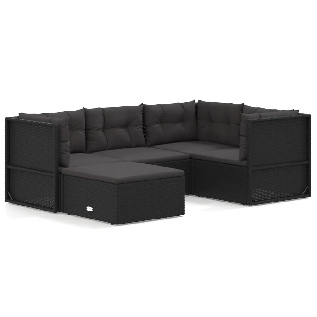 5 Piece Garden Lounge Set with Cushions Black Poly Rattan