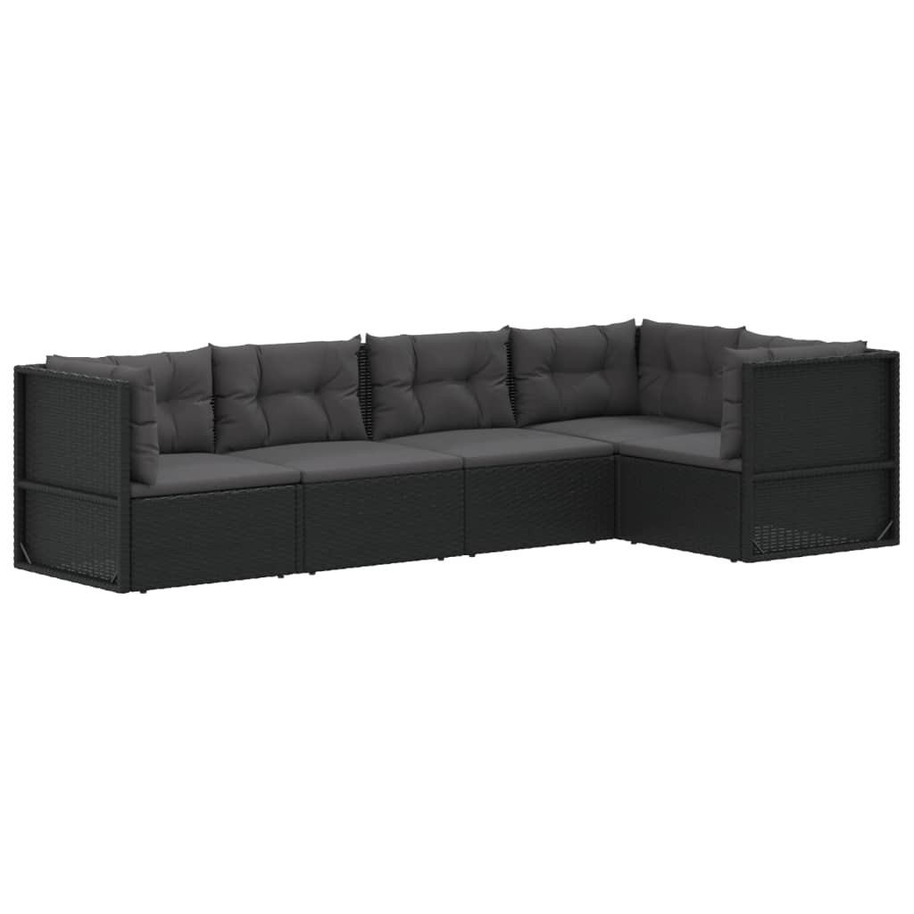 5 Piece Garden Lounge Set with Cushions Black Poly Rattan