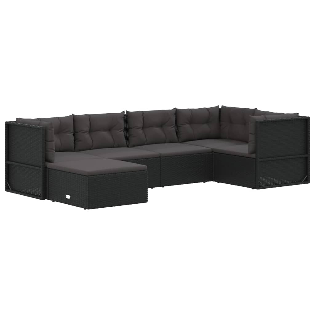 6 Piece Garden Lounge Set with Cushions Black Poly Rattan