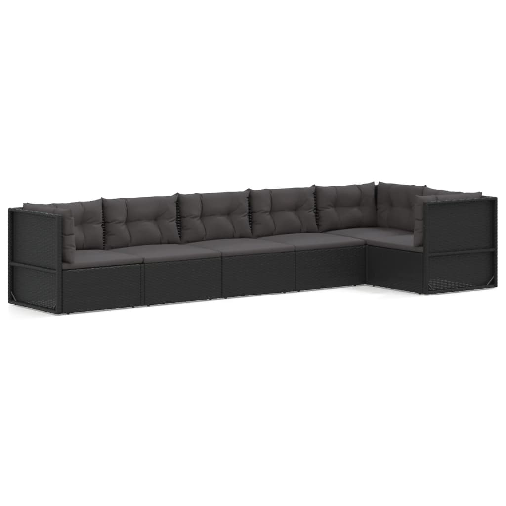 6 Piece Garden Lounge Set with Cushions Black Poly Rattan