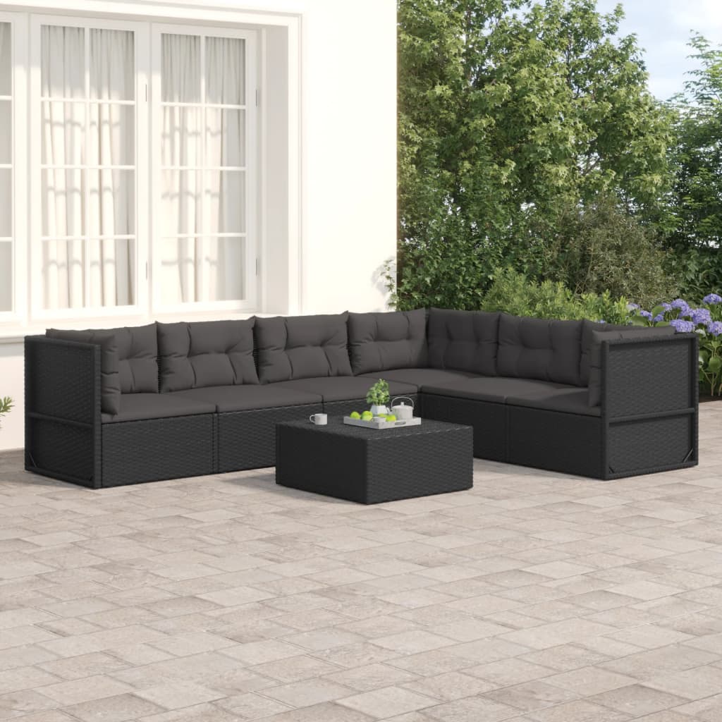 6 Piece Garden Lounge Set with Cushions Black Poly Rattan