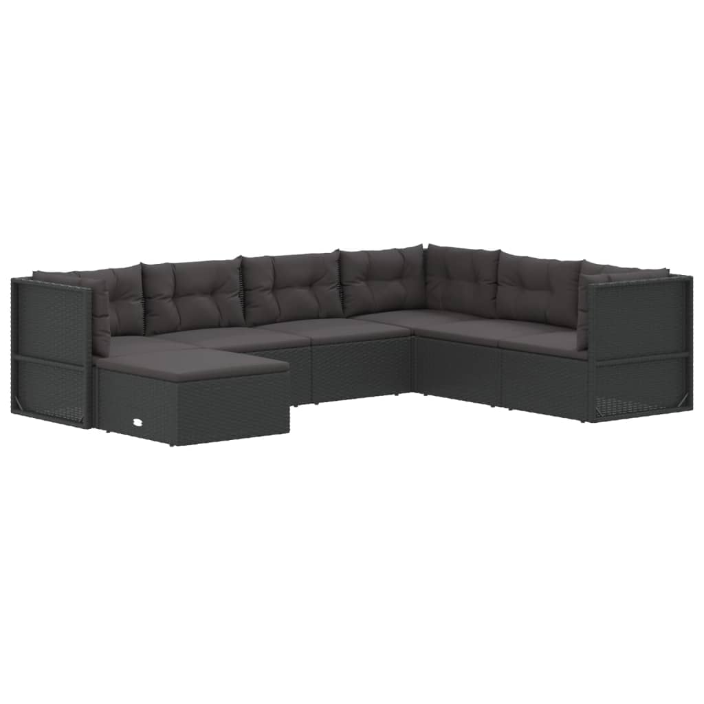 7 Piece Garden Lounge Set with Cushions Black Poly Rattan