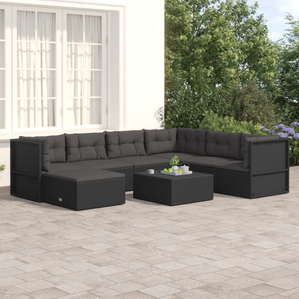 7 Piece Garden Lounge Set with Cushions Black Poly Rattan