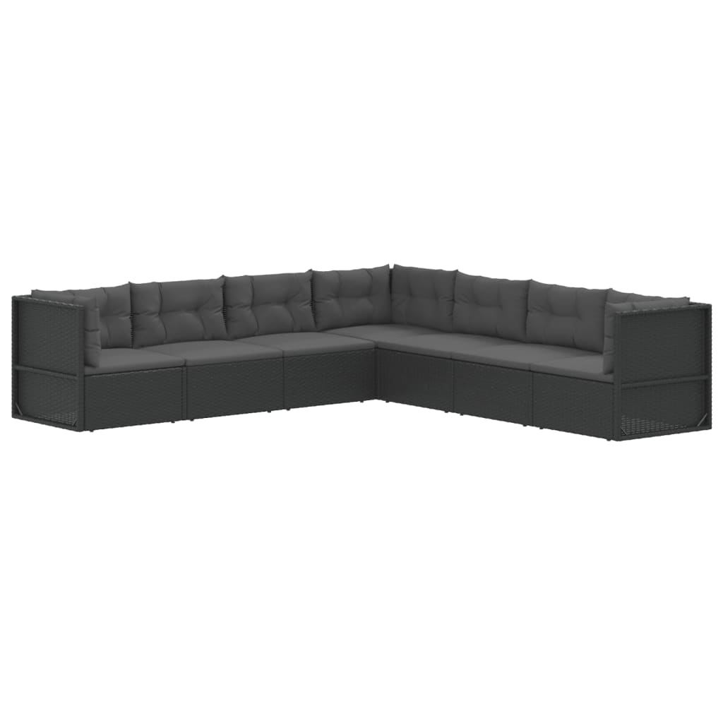 7 Piece Garden Lounge Set with Cushions Black Poly Rattan