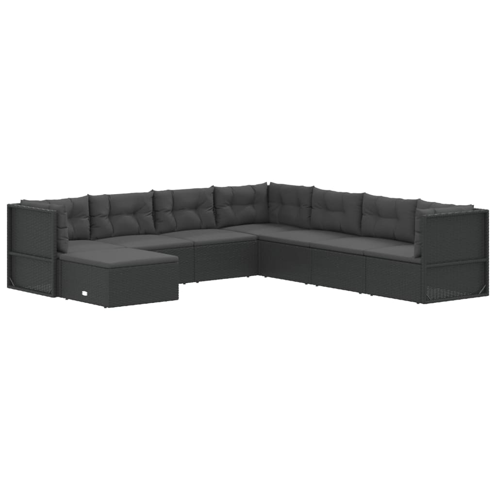 8 Piece Garden Lounge Set with Cushions Black Poly Rattan