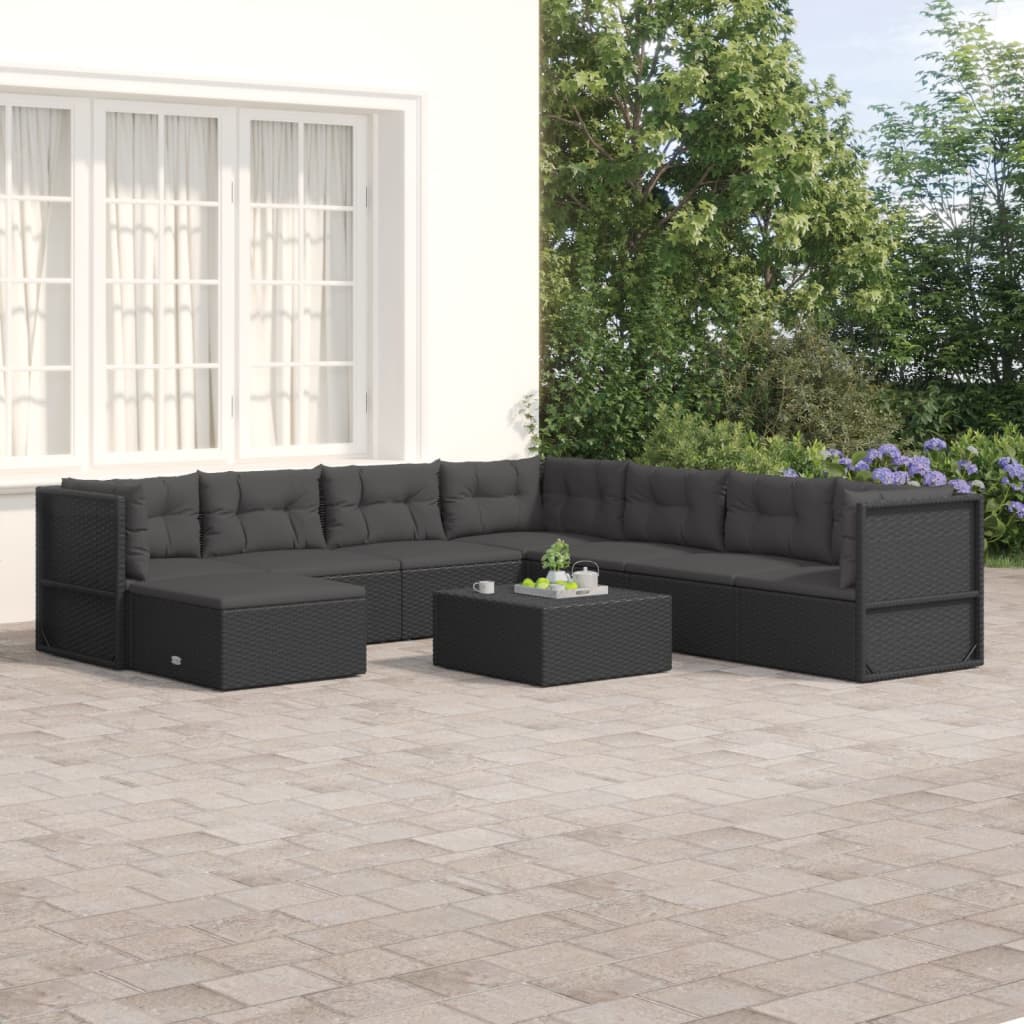 8 Piece Garden Lounge Set with Cushions Black Poly Rattan