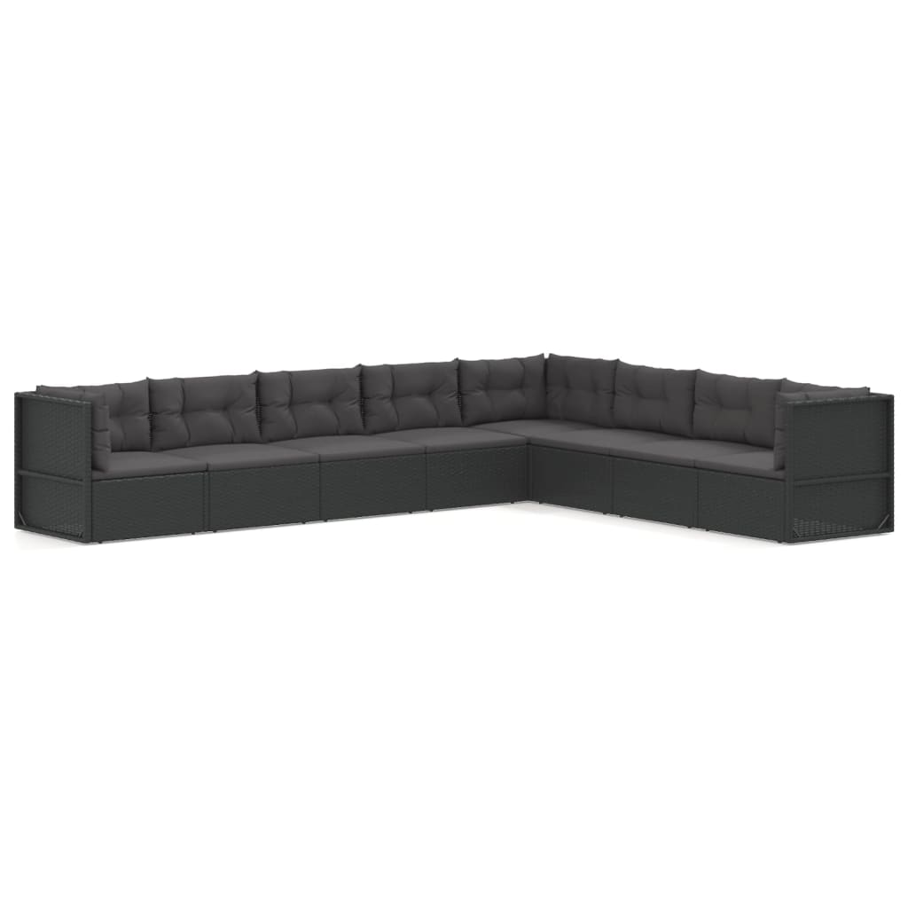8 Piece Garden Lounge Set with Cushions Black Poly Rattan