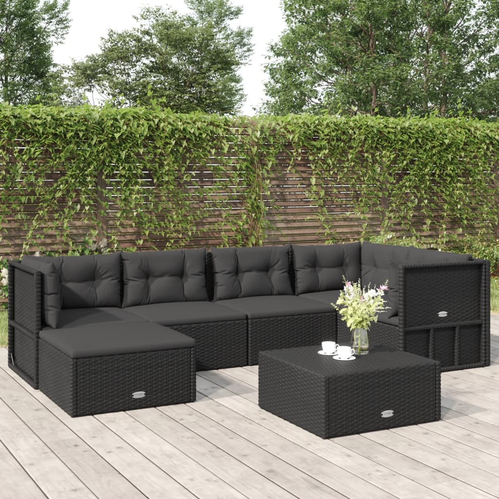 6 Piece Garden Lounge Set with Cushions Black Poly Rattan