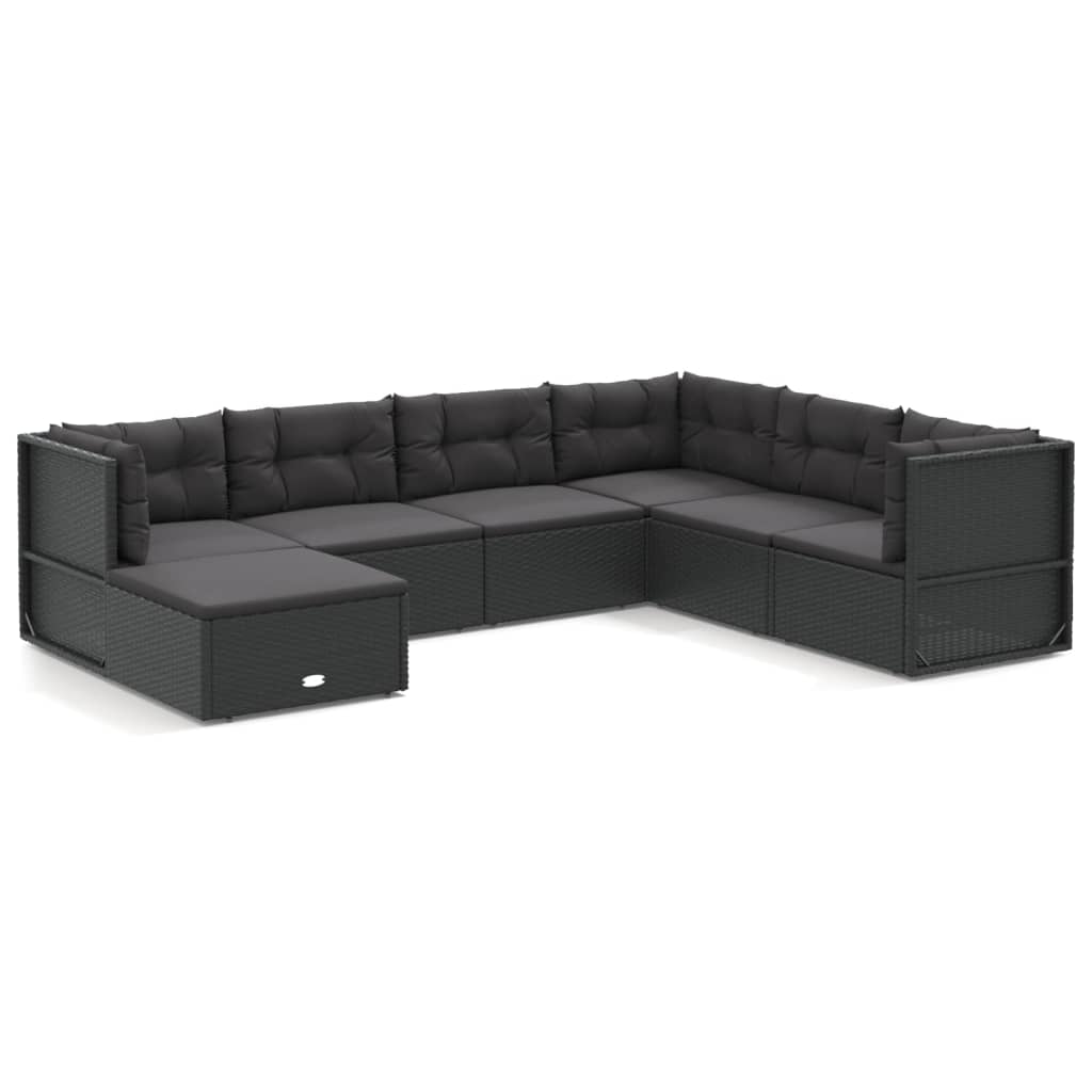 7 Piece Garden Lounge Set with Cushions Black Poly Rattan