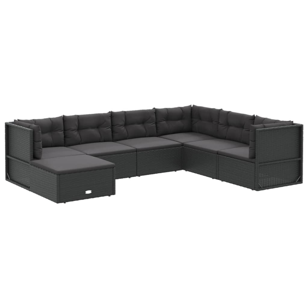 7 Piece Garden Lounge Set with Cushions Black Poly Rattan